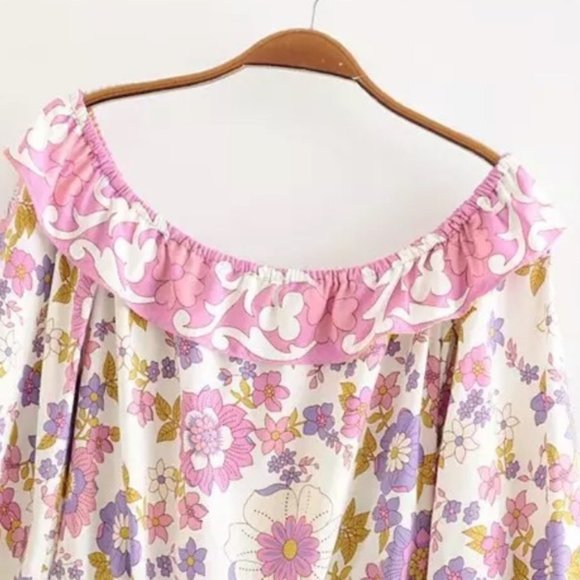 Boho Floral Gypsy Print Ruffle CropTop Long Sleeve - Picture 5 of 9